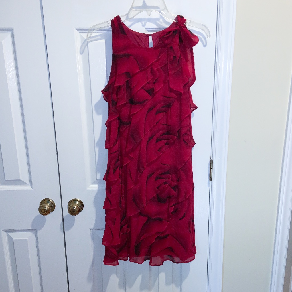 Whbm Sleeveless Red And Black Floral Ruffle Dress